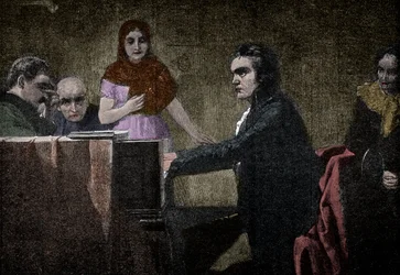 Ludwig van Beethoven suona la Sonata al chiaro di luna - incisione dopo Lorenz Vogel - Ludwig van Beethoven (1770-1827), musicista tedesco, che suona la sonata in UT minore (Chiaro di luna) dopo il dipinto di Lorenz Vogel (1846-1902)