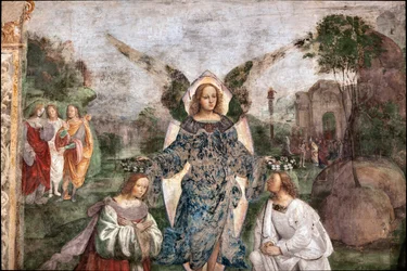 Vita di Santa Cecilia: Valeriano e Cecilia incoronati da un angelo (dettaglio)