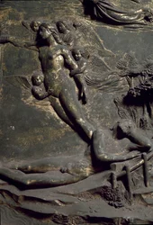 Creazione di Eva dalla costola di Adamo. Dettaglio della Porta Orientale detta del Paradiso, intaglio