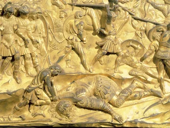 Davide e Golia, dettaglio dal pannello originale delle porte est del Battistero (post restauro)