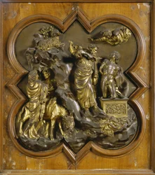 Il sacrificio di Isacco. Pannello originale della porta del Paradiso (porta Est del Battistero), dopo restauro. Bronzo dorato di Lorenzo Ghiberti (1378-1455), 1425-52. Museo dell Bargello, Firenze