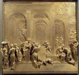 Vita di Giacobbe ed Esaù: Esaù vende la sua primogenitura e Isacco benedice Giacobbe. Pannello originale della porta del Paradiso