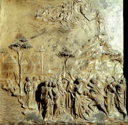 Mosè riceve le tavole della legge (pannello originale della Porta del Paradiso, dopo il restauro)