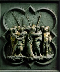 Porta Nord (chiamata Porta della Croce a nord), dettaglio esterno: «Il bacio di Giuda». Scultura in bronzo realizzata da Lorenzo Ghiberti (1378-1455)