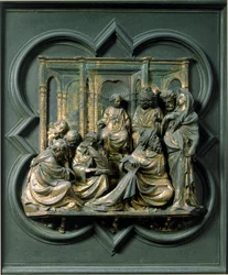 Porta Nord (detta Porta della Croce, a nord), dettaglio esterno: Gesù tra i dottori. Scultura in bronzo di Lorenzo Ghiberti