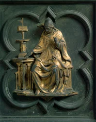 Porta Nord (detta Porta della Croce, nord), dettaglio esterno: San Gregorio Magno. Scultura in bronzo di Lorenzo Ghiberti