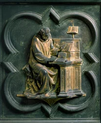 Porta Nord (chiamata Porta della Croce, a nord), dettaglio esterno: San Girolamo. Scultura in bronzo di Lorenzo Ghiberti