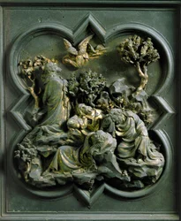 Porta Nord (chiamata Porta della Croce, a Nord), dettaglio esterno: La preghiera di Cristo nel Giardino degli Ulivi, scultura in bronzo di Lorenzo Ghiberti