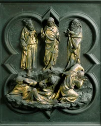 Porta Nord (chiamata Porta della Croce, a Nord), dettaglio esterno: La Trasfigurazione, scultura in bronzo di Lorenzo Ghiberti