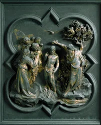 Porta Nord (chiamata Porta della Croce, a Nord), dettaglio esterno: Il battesimo di Cristo, scultura in bronzo di Lorenzo Ghiberti