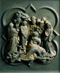 Porta Nord (detta Porta della Croce, a nord), dettaglio esterno: la resurrezione di Lazzaro. Scultura in bronzo di Lorenzo Ghiberti