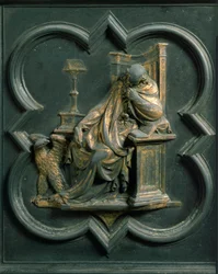 Porta Nord (chiamata Porta della Croce, a Nord), dettaglio esterno: San Giovanni Evangelista. Scultura in bronzo realizzata da Lorenzo Ghiberti (1378-1455)
