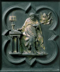 Porta Nord (chiamata Porta della Croce, a Nord), dettaglio esterno: San Marco. Scultura in bronzo realizzata da Lorenzo Ghiberti (1378-1455)