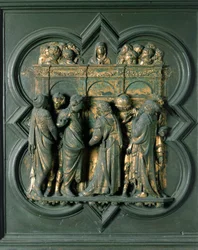 Porta Nord (chiamata Porta della Croce, a Nord), dettaglio esterno: Pentecoste, scultura in bronzo di Lorenzo Ghiberti