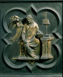 Porta Nord (detta Porta della Croce, a nord), dettaglio esterno: San Matteo. Scultura in bronzo di Lorenzo Ghiberti
