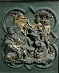 Porta Nord (detta Porta della Croce, a nord), dettaglio esterno: la Natività. Scultura in bronzo di Lorenzo Ghiberti