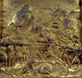 La storia di Davide e Golia, uno dei dieci pannelli in rilievo dalle Porte del Paradiso (porte est), 1425-52