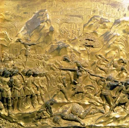 La storia di Davide e Golia, pannello originale dalle Porte Est del Battistero, 1425-52 (post restauro)