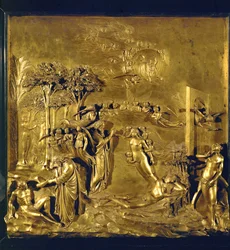 La creazione di Adamo, la creazione di Eva dalla costola di Adamo, la cacciata dal Paradiso (bronzo)