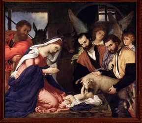 Adorazione dei pastori. Il Bambino Gesù gioca con una pecora.