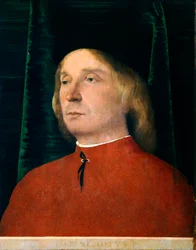 Ritratto di giovane uomo in abito rosso, olio su pannello