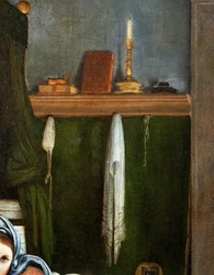 Scaffale con candelabri e libri (dettaglio)