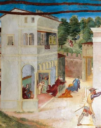 Santa Barbara attaccata dal padre, dettaglio da Cristo-Vite e Leggenda di Santa Barbara di Lorenzo Lotto