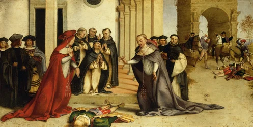 San Domenico che resuscita Napoleone Orsini, olio su pannello, 51,8x97,5 cm