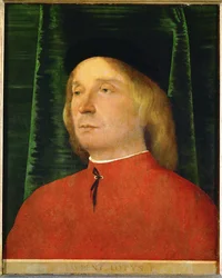 Giovane uomo con giacca rossa (dipinto su legno di tiglio)
