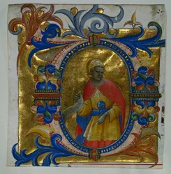 Iniziale D[eus in loco] con un profeta, ritagliata da un graduale, 1409-10
