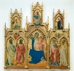 Madonna e Gesù bambino, santi; in alto: Annunciazione (tempera su tavola)