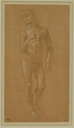Giovane nudo, a figura intera, che tiene in mano un bastone Pennino d