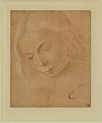 Ritratto di giovane uomo, profilo di tre quarti, piegato in avanti ...
