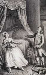 Coppia davanti al letto della camera da letto - in "Les francaises ou 34 examples chosen in the current mores fit to lead daughters, women, wives, mothers" di Restif de La Bretonne (1734-1806), ill. di Binet, Neufchatel
