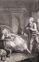 Gentiluomo che dichiara il suo amore a una dama languente su una pastorella - in “Les francaises ou 34 esempi scelti nei costumi attuali adatti a guidare figlie, mogli, madri” di Restif de La Bretonne (1734-1806), ill. di Binet, Neufchatel
