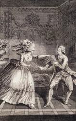Il biglietto dolce sottratto (libertinaggio) - in "Le francesi o 34 esempi scelti nei costumi attuali adatti a guidare figlie, donne, mogli, madri" di Restif de La Bretonne (1734-1806), ill. di Binet, Neufchatel