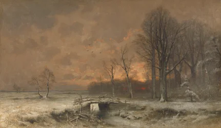 Scena invernale con il sole che tramonta dietro gli alberi