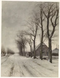 Paesaggio invernale con fattoria lungo un viale