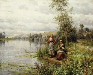 Donne di campagna che pescano in un pomeriggio estivo