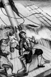 Ogni minuto mi aspettavo di essere inghiottito, incisione dal disegno di M. de Sainson per il libro di Daniel Defoe "Robinson Crusoe" edizione francese del 1837