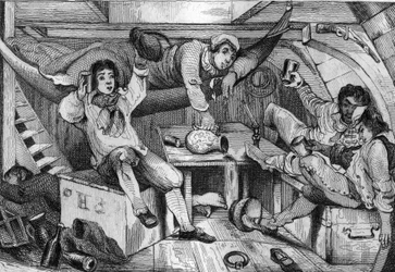 Ero ubriaco e in una notte di dissolutezza ho annegato tutti i miei pentimenti... incisione dopo il disegno di M. de Sainson per il libro di Daniel Defoe 