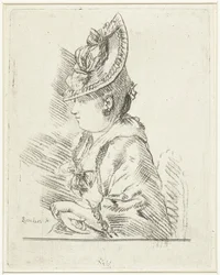 Ritratto di una giovane donna con cappello di profilo a sinistra