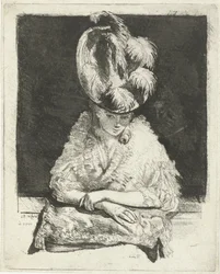 Ritratto di una giovane donna con cappello che guarda fuori dalla finestra