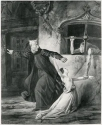 Sachette, Esmeralda e Claude Frollo, illustrazione per "Il gobbo di Notre-Dame" di Victor Hugo (1802-85), 1831