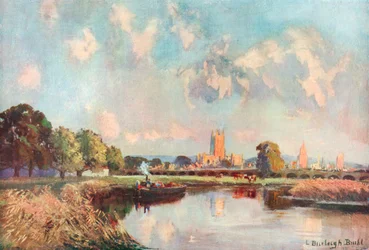 Cattedrale di Gloucester, dal Severn (litografia a colori)