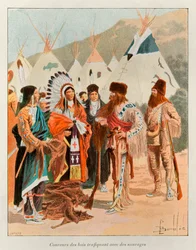 Coureur des bois trafficanti con selvaggi nel XVIII secolo (trapper in Canada); Storia della Nuova Francia di Eugene Guenin - 1900 - Coll, Part.