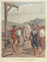 Samuel de Champlain che impicca un cospiratore, Canada, XVII secolo