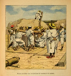 La Guerra in Madagascar - Storia Aneddotica delle Spedizioni Francesi del 1885-1895 di Henri Galli detto Galllichet (1854-1922), illustrato da Louis Bombled (1862-1927): Hovas che lavorano alle fortificazioni della capitale nel 1895, Collezione Privata