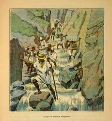 La guerra in Madagascar - Storia aneddotica delle spedizioni francesi del 1885-1895 di Henri Galli detto Galllichet, illustrato da Louis Bombled: Truppe di portatori malgasci nel 1895