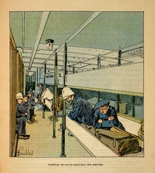 La guerra in Madagascar - Storia aneddotica delle spedizioni francesi del 1885-1895 di Henri Galli detto Galllichet, illustrato da Louis Bombled: Interno di una nave ospedale che rimpatria soldati malati